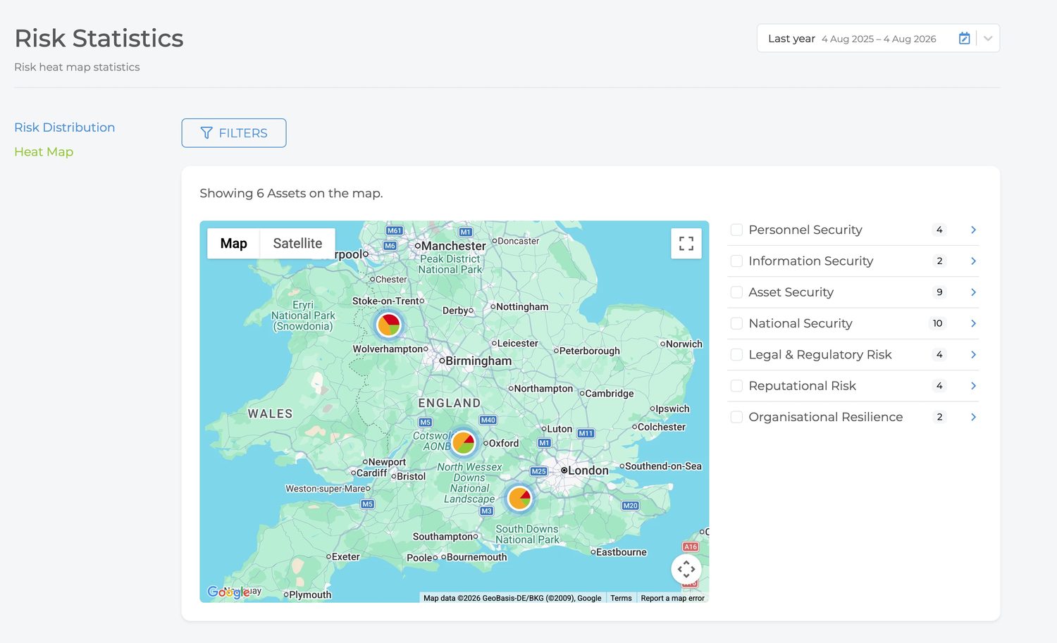 Citadel risk heat map screenshot: assets plotted geographically across the UK with a breakdown of risk by category